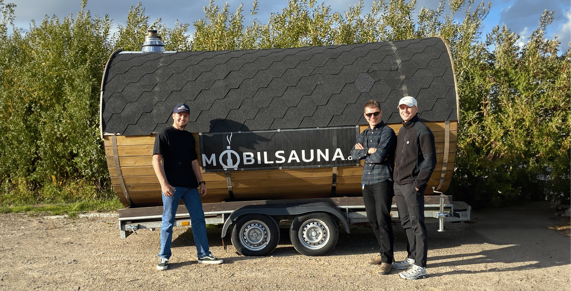 Crewet bag Mobilsauna.dk På billedet ses de tre ejere af Mobilsauna.dk foran deres Mobile Sauna som kan lejes på sjælland.